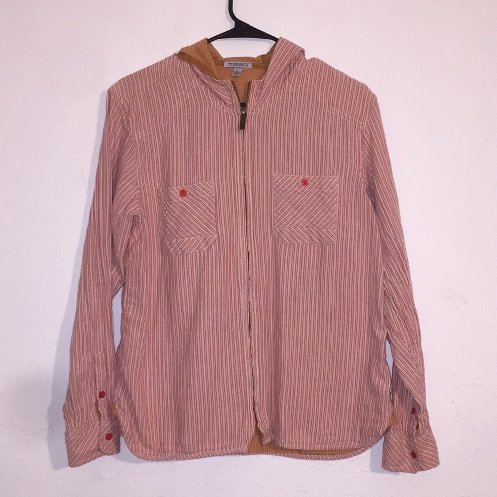 Toad&Co Pink Striped Hooded Shirt Jacket with Mustard Trim - Picture 3 of 12